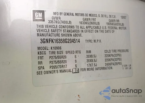 2008 Chevrolet Suburban 1500 Ltz z USA, uszkodzony, nr VIN 3GNFK16358G204514